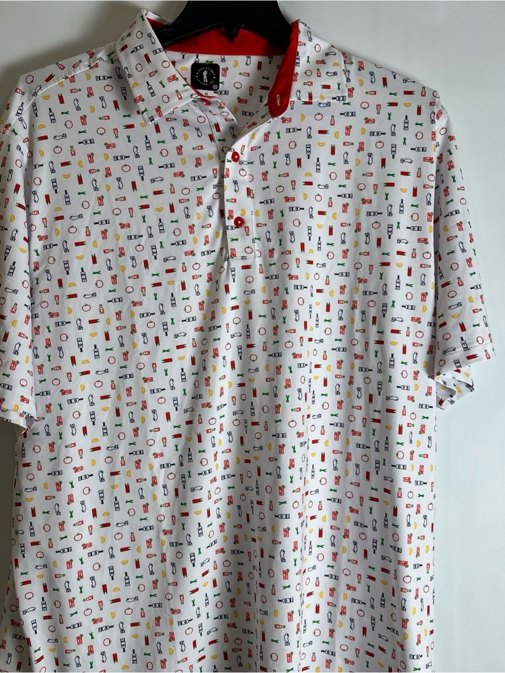 Men's White Short-Sleeve Polo with Multicolor Icon Print and Red Trim